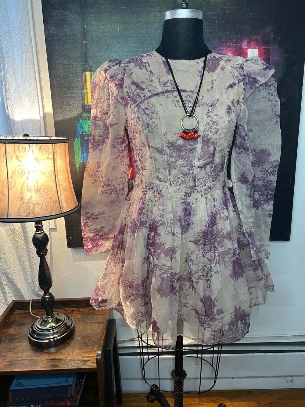 ASOS DESIGN Purple Toile De Jouy Organza Seam Detail Mini Dress Sz US 8 / UK 12